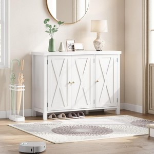 43" Farmhouse Shoe Storage Cabinet with 3 Barn Doors, Adjustable Shelves, Large Capacity Narrow Shoe Rack for Entryway & Living Room, White - 1 of 4
