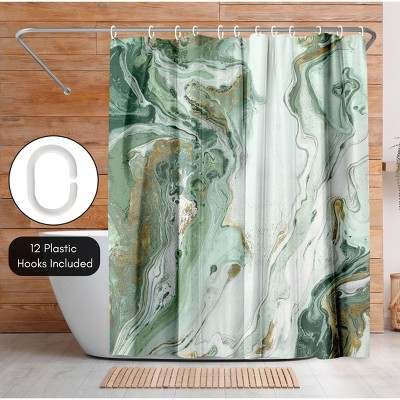 Green and White Marble Abstract Polyester Shower Curtain