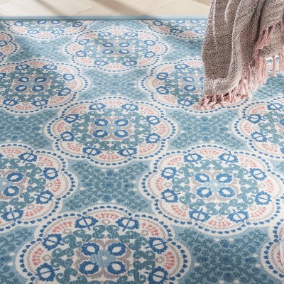 Handmade Blue Floral Rectangular 6' x 9' Stain-Resistant Synthetic Rug