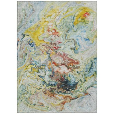 Ivory Blue And Yellow Abstract Washable Indoor Outdoor Area Rug