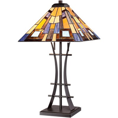 Robert Louis Tiffany Mission Style Table Lamp with Table Top Dimmer Bronze Iron Art Glass Shade Living Room Bedroom House Bedside