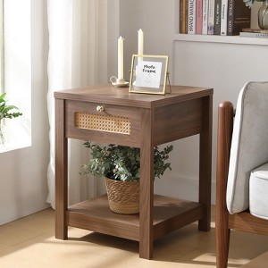 Bekrvio 18-Inch Boho Rattan Nightstand Set of 1/2, Bedside Table w/Drawer & Brass Knobs, Wood End Table w/Open Shelf for Bedroom/Living Room - 1 of 4