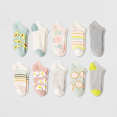 Women's Breakfast 10pk Low Cut Socks - Blue/Gray/Pink 4-10: Knit Banded Cuff, Lightweight Fabric