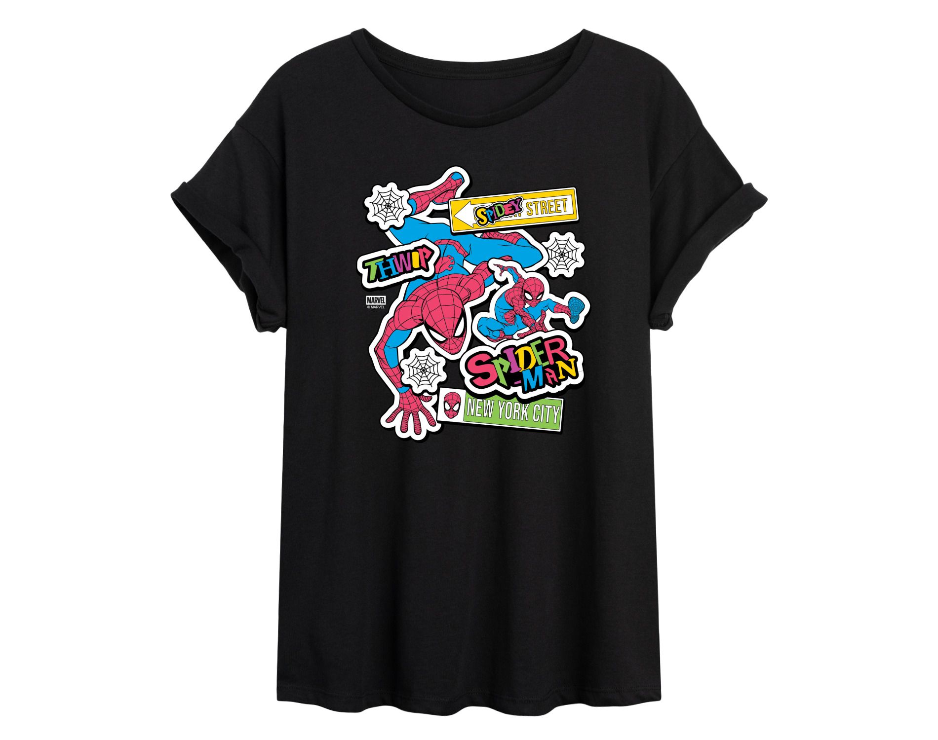 Women's Marvel Spidey Bright Stickers Oversized Graphic T-Shirt - Black - 2 X-Large