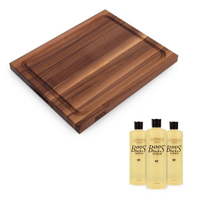 John Boos Walnut Wood Reversible 17 x 21 x 1.5 Inches Cutting Board with Deep Juice Groove and 3 Piece Maintenance Oil Set