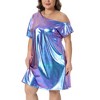 Women's Plus Size Off the Shoulder Metallic Glitter Party Clubwear Holographic Disco Midi T-Shirt Dresses - Agnes Orinda - 2 of 4