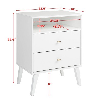 White Mid Century Modern 2 Drawer Nightstand with Shelf