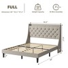Full Size Bed Frame with Upholstered Wingback Headboard, Luxurious Linen Upholstery Platform Bed with Charging Station, Button Tufted Design, Grey - 2 of 4