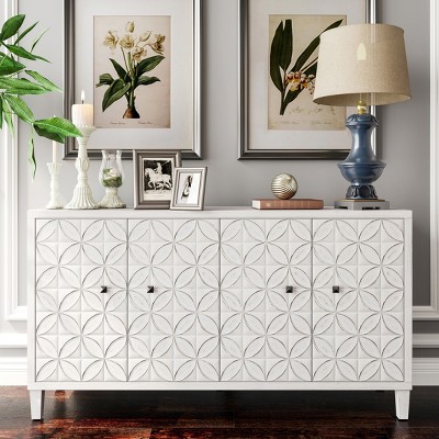 60" Wooden Sideboard Buffet,Modern Geometric Carved Accent Storage Cabinet with Adjustable Shelves for Living Room,Entryway-Baofuwish