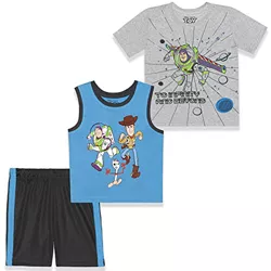 Disney Boy's 3 Pack Toy Story To Infinity and Beyond Graphic Tee, Sleeveless Shirt and Casual Short Set for Kids