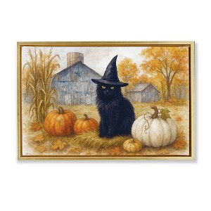 Stupell Industries Witch Cat Autumnal Farm Floating Frame Canvas Art, Gold, 25" x 17" - 1 of 4
