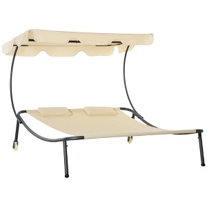 Okak Patio Double Chaise Lounge Hammock Daybed,Outdoor Tanning Chair with Adjustable Canopy,Pillows&Wheels,Sunbathing Chaise for Patio,Beige - 1 of 4