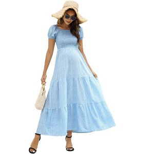 Maternity Dress Women's Smocked Square Neck Puff Sleeve Ruffle Maternity Maxi Dress for Baby Shower or Casual Wear PinkDLN S - 1 of 1