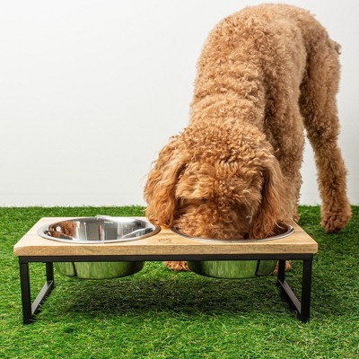 Elevated Mango Wood and Stainless Steel Pet Feeder