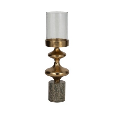 Metal Pillar Candle Holder with Glass Hurricane - Glam Style Candle Stand - Marble Base for Home, Office, Living Room & Bedroom