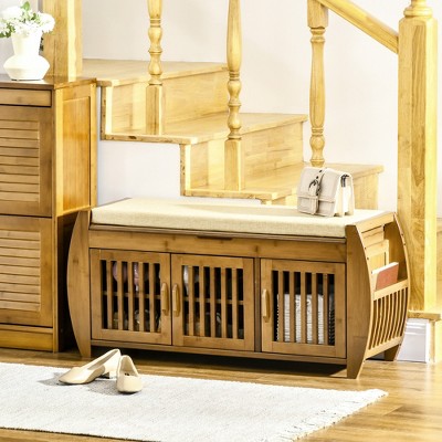 VYNXARIA Bamboo Shoe Bench with Storage Cabinets and Cushion for Entryway - Brown