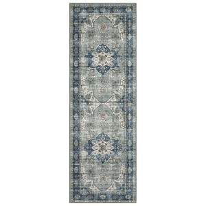 2 x 6 ft Polyester Blue Rectangular Hallway Bathroom Entryway Kitchen Office Foldable Flower Printed  Washable Area Rug - 1 of 4