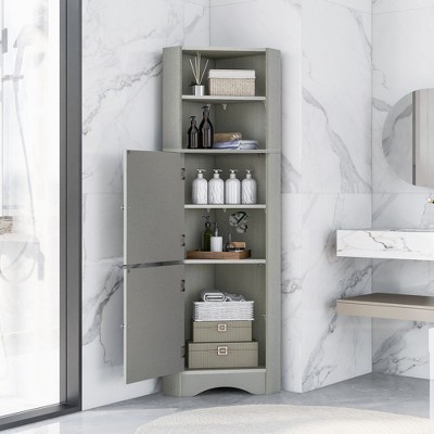 NicBex 61" Triangular Bathroom Corner Cabinet,Freestanding Storage Cabinet with Adjustable Shelves,Doors&Anti-Tipping Device,MDF Board
