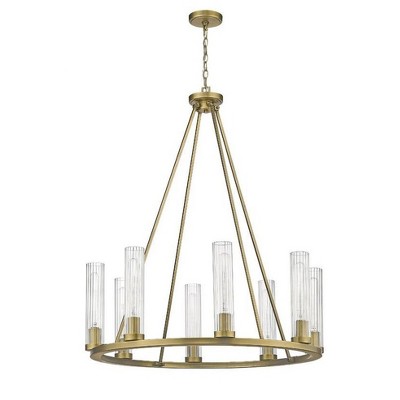 Elegant Rubbed Brass 8-Light Chandelier with Fluted Glass Shades