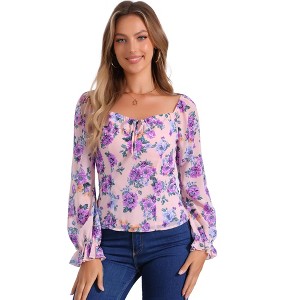 INSPIRE CHIC Women's Floral Smocked Elegant Puff Long Sleeve Square Neck Blouse - 1 of 4