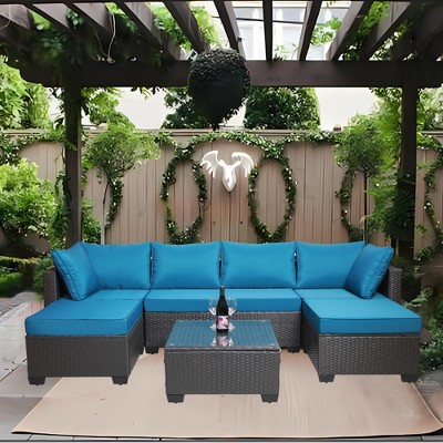 Lycvki Outdoor 7-Piece Wicker Sofa Sets with Cushions and Coffee Table