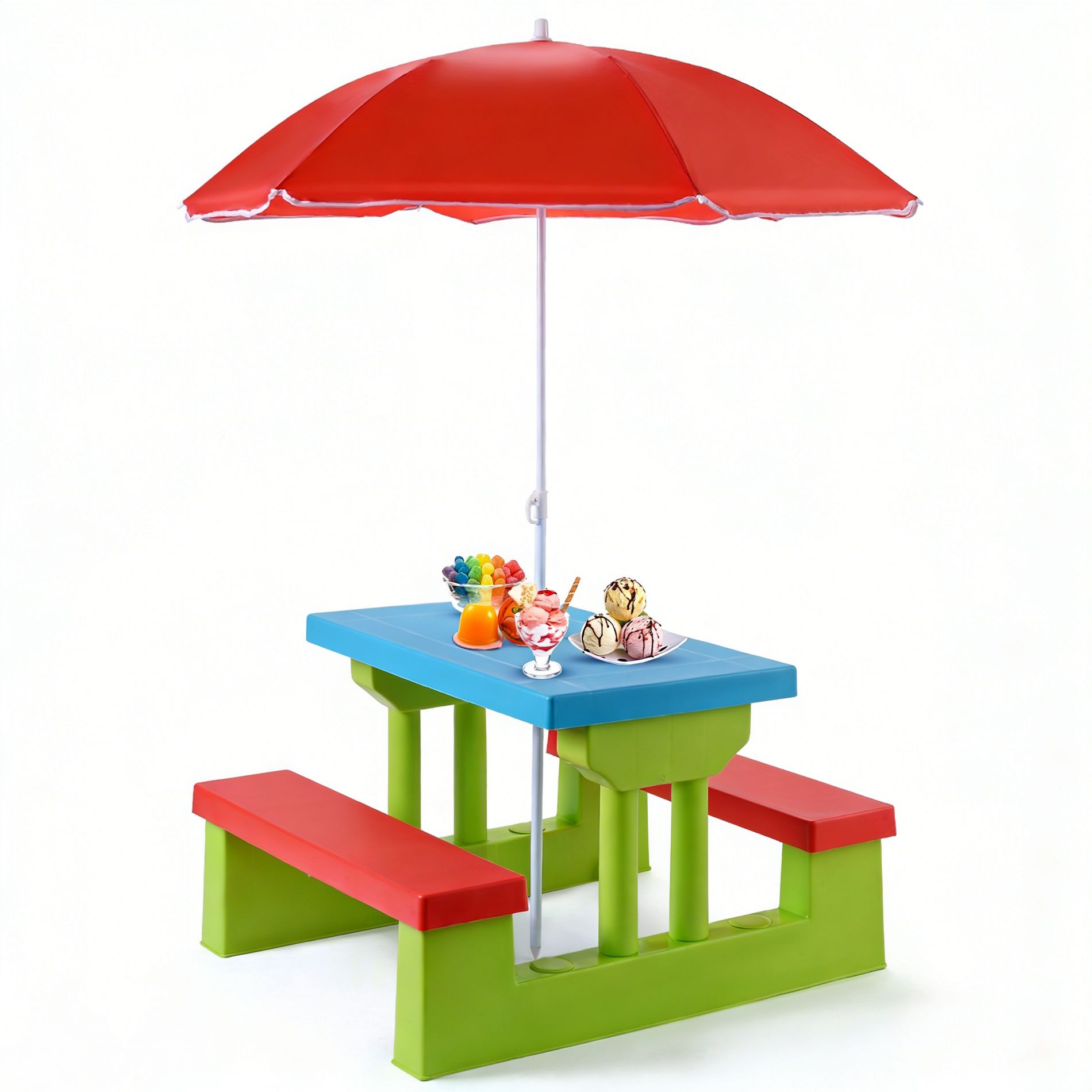 Gymax 4-Seat Kids Picnic Table with Umbrella Canopy Durable Outdoor Children's Bench for Garden Yard, and Patio Red&Blue&Green