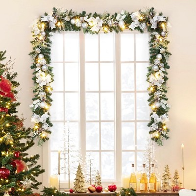 6ft Christmas Garland, Artificial Wreath with 20 LED Lights Silver White Ball Ornaments Pine Cones Bow for Fireplace Mantle Stair Railing Decorations