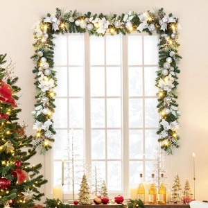 6ft Christmas Garland, Artificial Wreath with 20 LED Lights Silver White Ball Ornaments Pine Cones Bow for Fireplace Mantle Stair Railing Decorations - 1 of 4