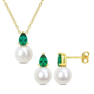 EVERLY JEWELRY | Yellow Plated Sterling Silver 8.5-9mm Cultured Freshwater Pearl & 1 1/5ct TGW Created Emerald Pendant w/Chain & Earrings Set - 1 of 4