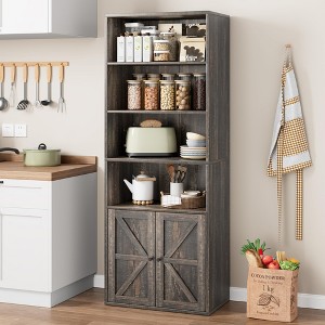 Farmhouse Bookcase with Doors 11.8in Depth Display Storage Shelves 71.4in Tall Industrial Bookshelf Wooden 6 Shelf Bookshelves - 1 of 4