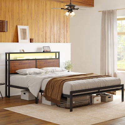 WOWLIVE Twin/Full/Queen/King Bed Frame with Outlets & LED Lights, Metal Bed Frame with Storage Headboard, No Spring Box Needed