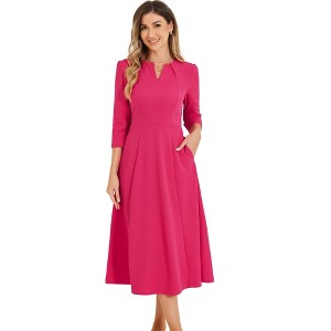 INSPIRE CHIC Women's Elegant Split Neck Side Zipper Pockets 3/4 Sleeve Work A-Line Dress - 1 of 4