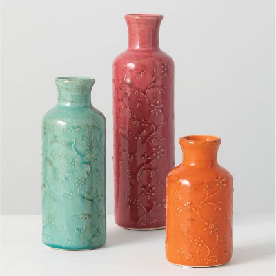 Sullivans Set of 3 Floral Relief Vase Bottles 10"H, 7.5"H & 5.5"H Multicolor