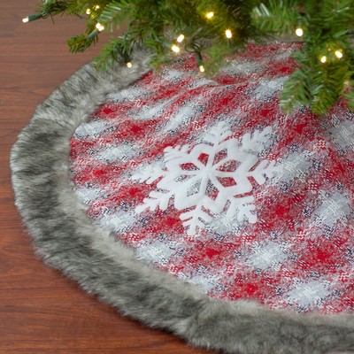DEJU Embroidered Christmas Tree Skirt 36” Snowman Snowflake Red Plaid Border Holiday Decoration
