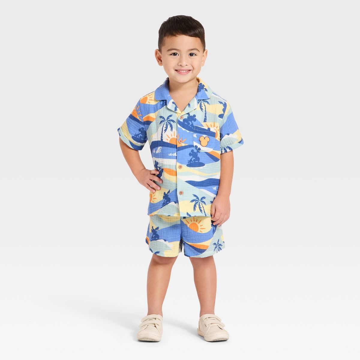 Toddler Boys' 2pc Disney Mickey Mouse Gauze Short Sleeve Button-Down Shirt & Shorts Set