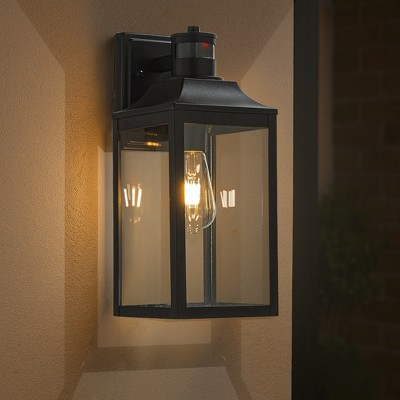 ALOADECOR 1 Light Farmhouse Outdoor Wall Lantern wiht Motion Sensor in Matte Black with Clear Glass for Porch Courtyard (2 Pack)