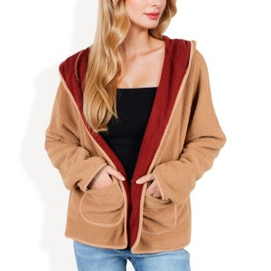 Anna-Kaci Women's Textured Two Tone Lined Hooded Jacket with Front Pockets - 1 of 4
