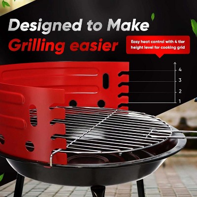 Portable 14-inch Black and Red Charcoal Grill with Stainless Steel Grate