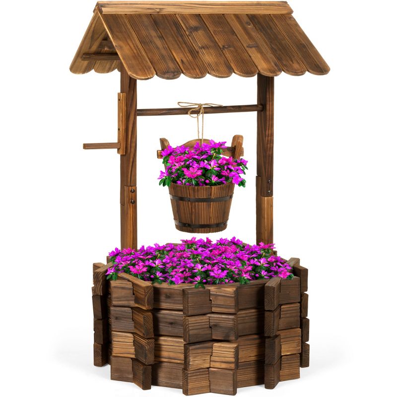 Best Choice Products Rustic Wooden Wishing Well Planter Outdoor Home Decor for Patio, Garden, Yard w/ Hanging Bucket, 1 of 10