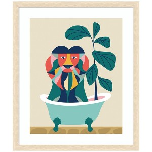 Kate and Laurel Framed Art Mid Century Modern Lion in Bathtub by Rachel Lee, 22x26, Woodgrain Stripe Blonde - 1 of 4
