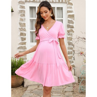 Maternity V Neck Swiss Dot Dress Summer Casual Short Sleeve Flowy Midi Dress Belt Photoshoot Baby Shower Pink 2XL
