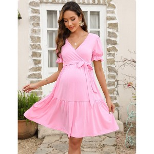 Maternity V Neck Swiss Dot Dress Summer Casual Short Sleeve Flowy Midi Dress Belt Photoshoot Baby Shower Pink L - 1 of 4