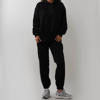 Cherie Code Women's Black Hoodie Lounge Set with Velvet Lining – Long Sleeve Top and Jogger Pants – Casual Fit