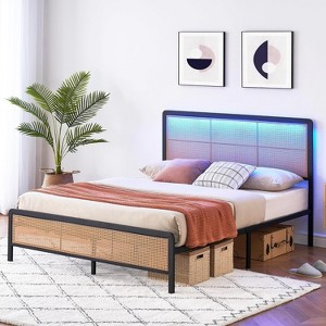 Bed Frame with LED Lights & Rattan Headboard, Modern Platform with Metal Slat Support, No Box Spring Needed, Easy Assembly - 1 of 4