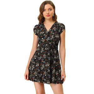 Allegra K Women's Boho Crossover V Neck Petal Sleeves Belted Floral Flowy Dress - 1 of 4