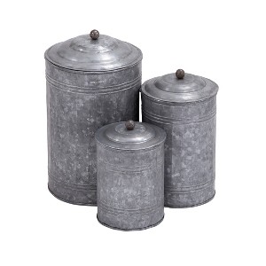 Olivia & May 3pc Decorative Galvanized Metal Canister Set Silver: Round Storage Containers with Lids - 1 of 4