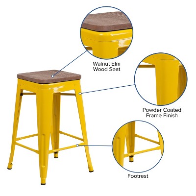 Yellow Backless Metal Dining Stool with Wooden Seat, 25"