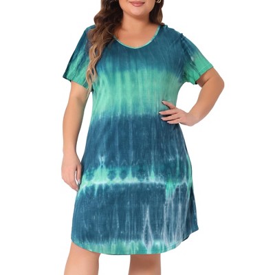 Agnes Orinda Women's Plus Size Tie Dye V Neck Trendy High Low Hem Casual Midi T-Shirt Dress