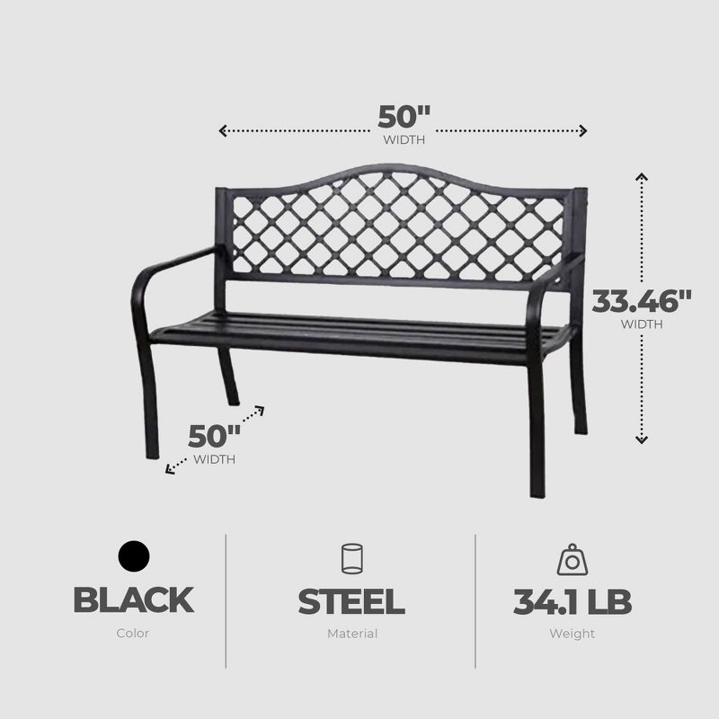Four Seasons Courtyard Outdoor Park Bench Backyard Garden, Front Porch, or Walking Path Furniture Seating with Powder Coated Steel Frame, Black, 3 of 7