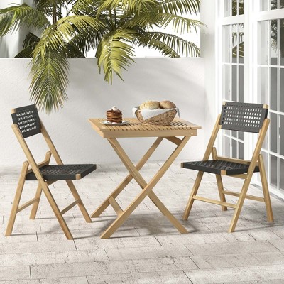 Natural Teak Wood Folding Patio Chairs with Black Woven Rope Seat, Set of 2